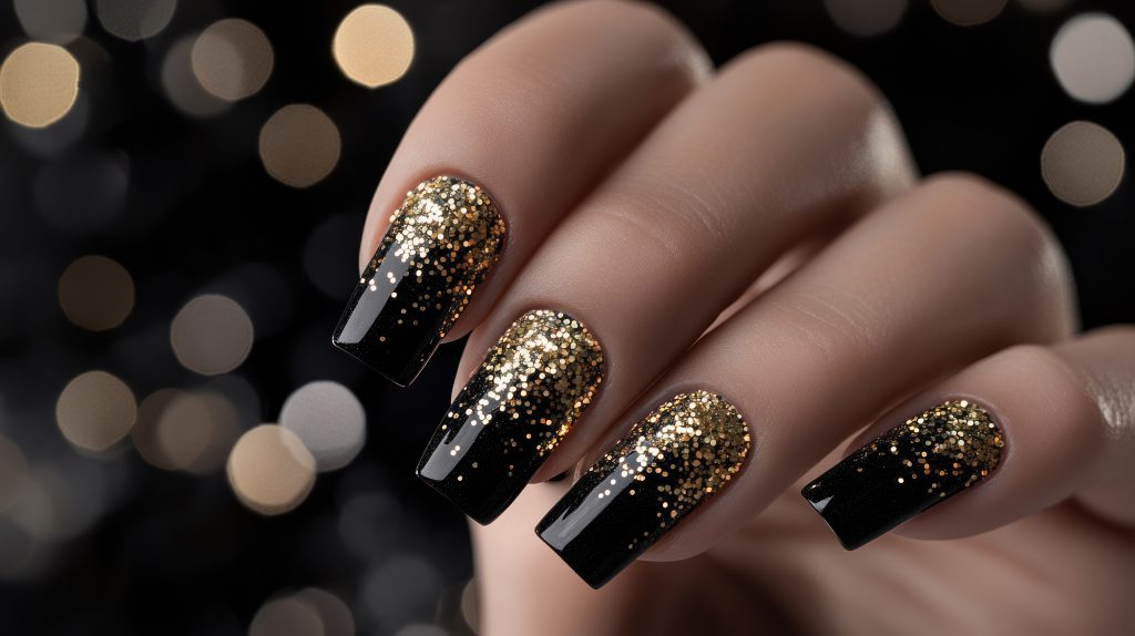 elegant black and gold glitter nail art